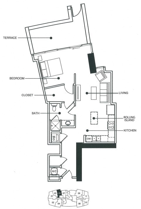 Floor plan for 1 bed, 1 bath, 675 sqft